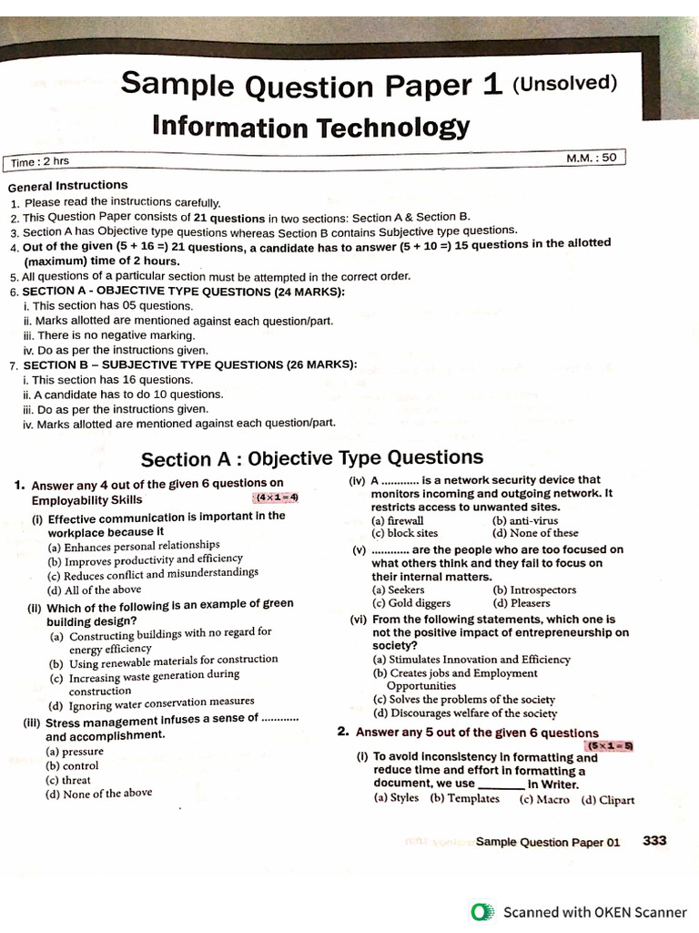 Sample Question paper IT 3 | PDF