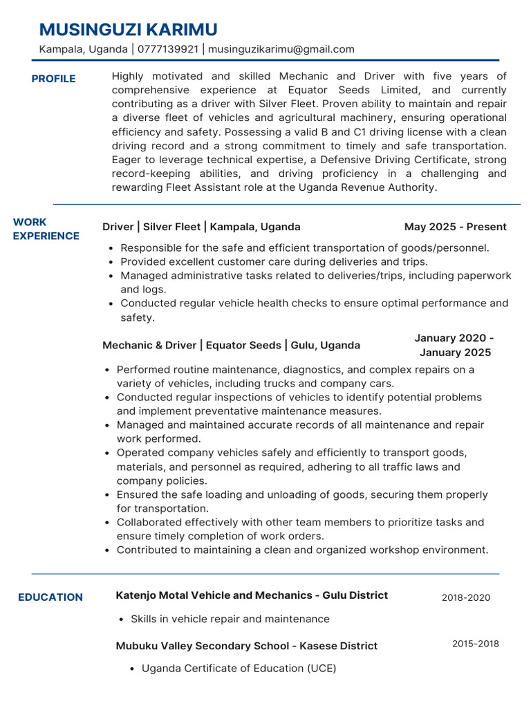 Mechanic and Driver Resume Summary | PDF | Driving | Uganda