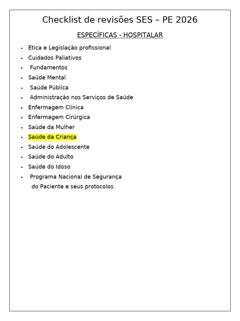 Checklist SES PE 2026: Revisões em Saúde | PDF