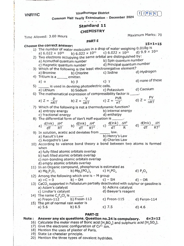 11th Chemistry Half Yearly Exam 2024 Original Question Paper ...