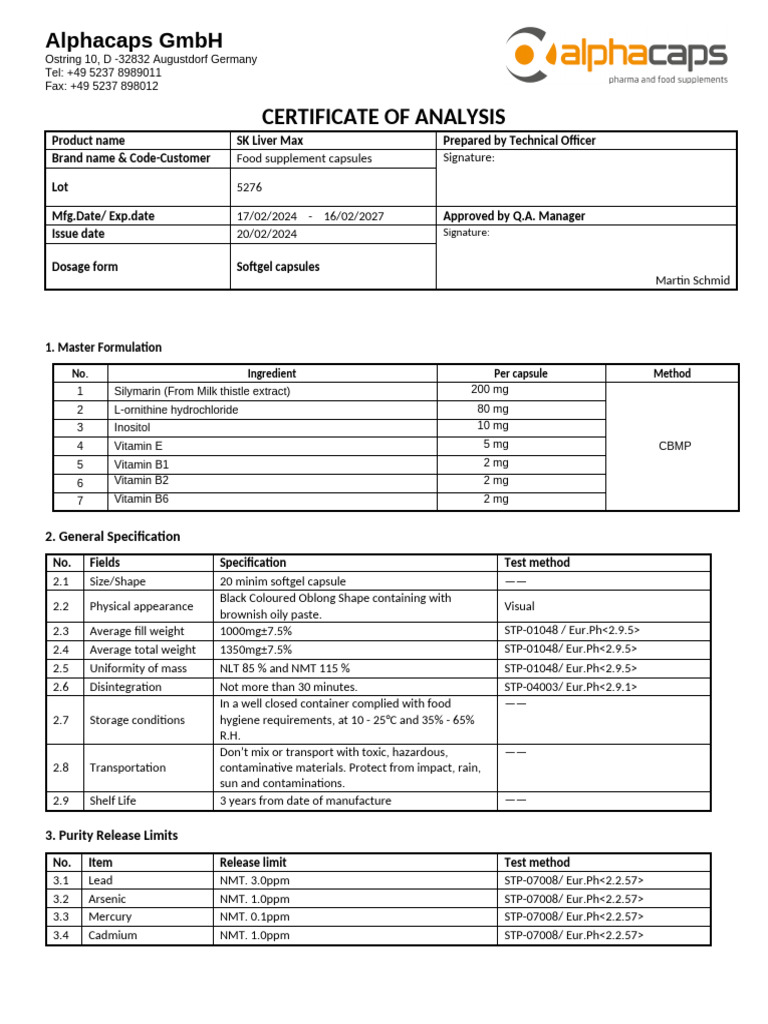 SK Liver Max Certificate of Analysis | PDF