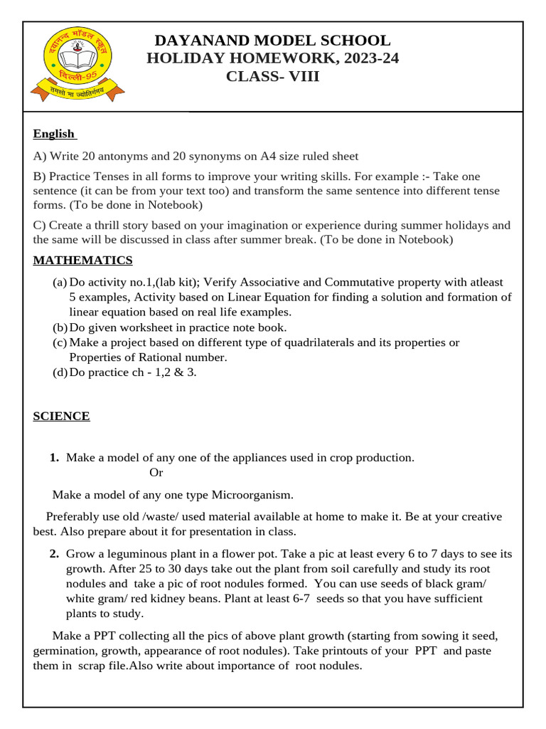 Class VIII Holiday Homework 2023-24 | PDF | Legume | Botany