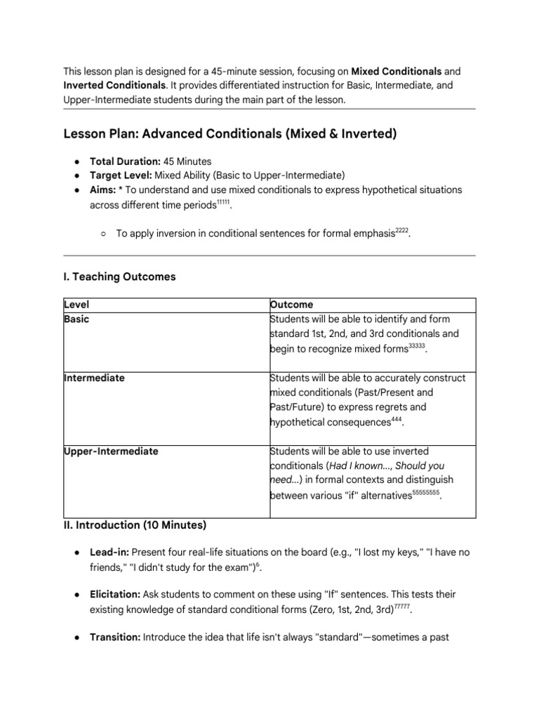 Advanced Lesson Plan: Mixed & Inverted Conditionals | PDF | Perfect ...