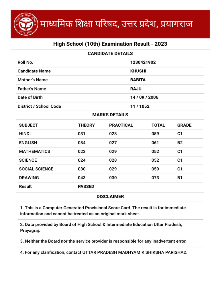 UP High School Result 2023: Khushi's Marks | PDF