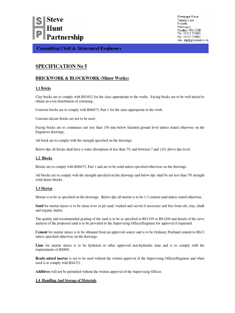 Brickwork & Blockwork Specifications Guide | PDF | Mortar (Masonry) | Brick