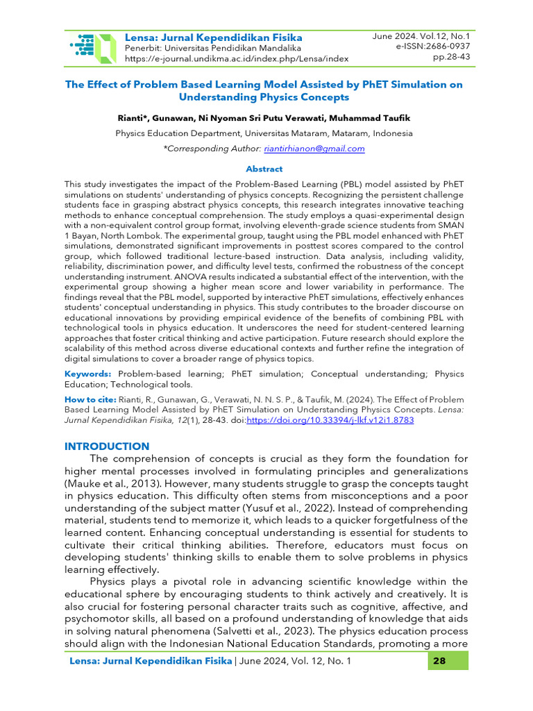 PBL and PhET: Enhancing Physics Learning | PDF | Simulation | Validity ...