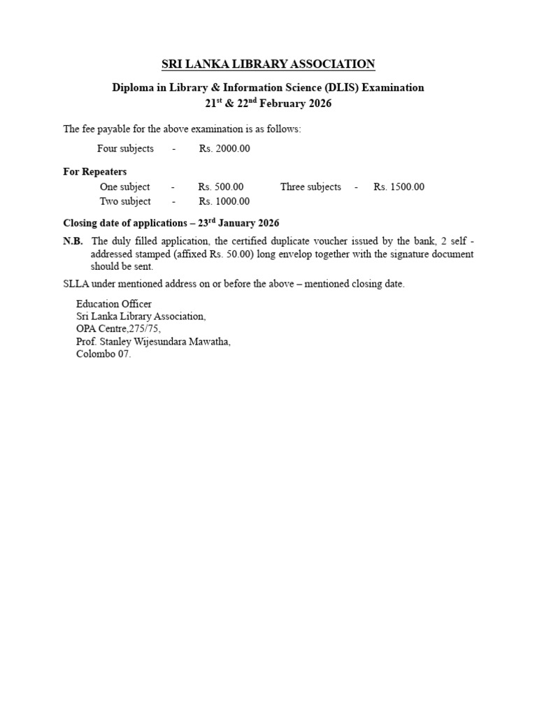 SLLA DLIS Exam Fee Details 2026 | PDF