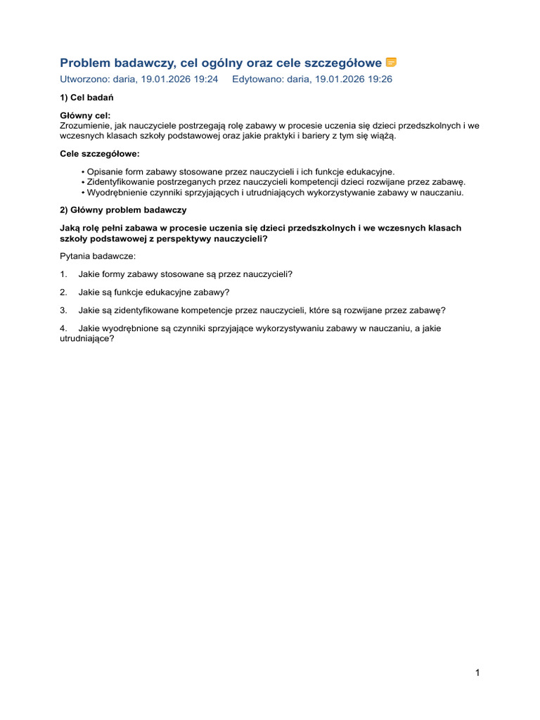 Problem Badawczy, Cel Ogólny Oraz Cele Szczegółowe | PDF