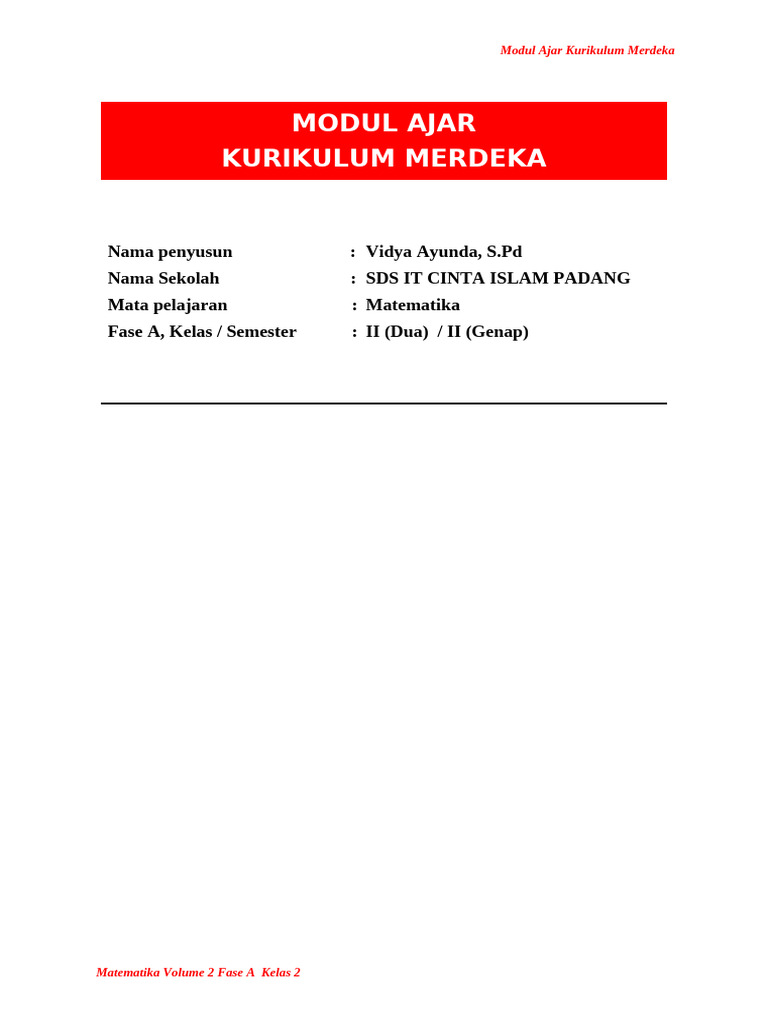 Modul Ajar Matematika Kelas 2 Fase A | PDF