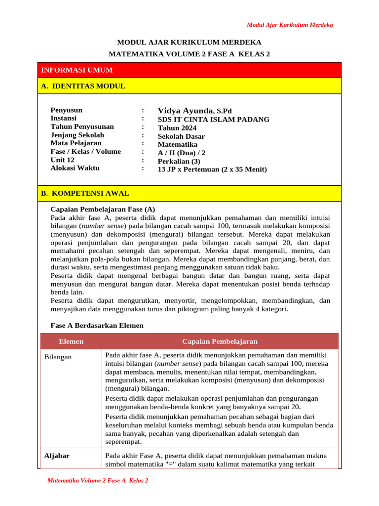 Modul Ajar Matematika Kelas 2 Fase A | PDF