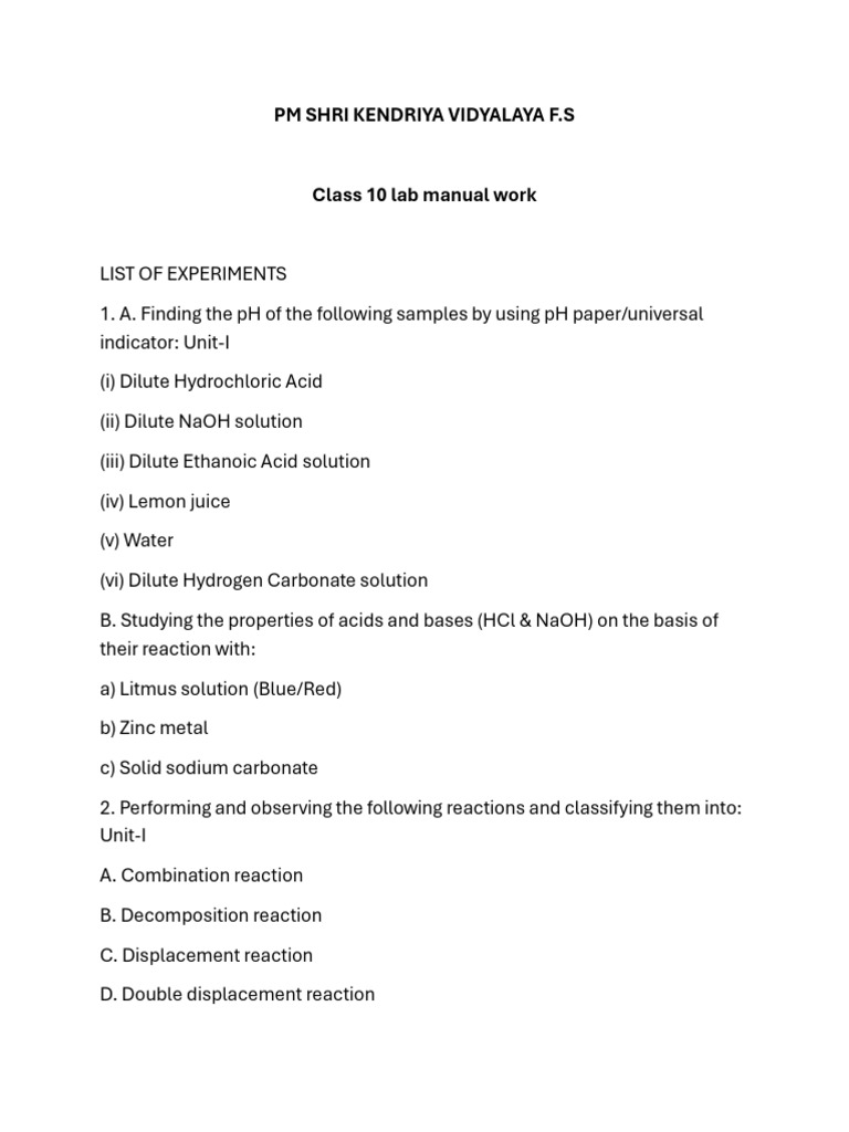 Class 10 Lab Manual: Chemistry Experiments | PDF