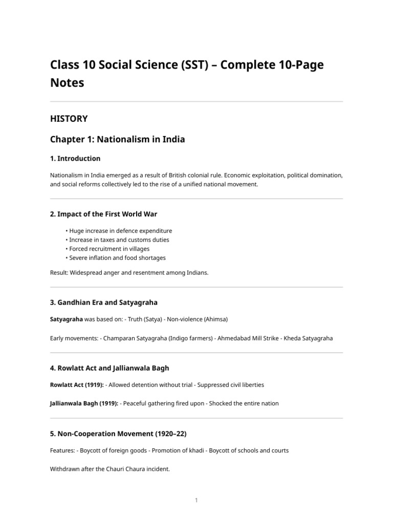 Class 10 Social Science – Complete Sst (10-Page Notes) | PDF