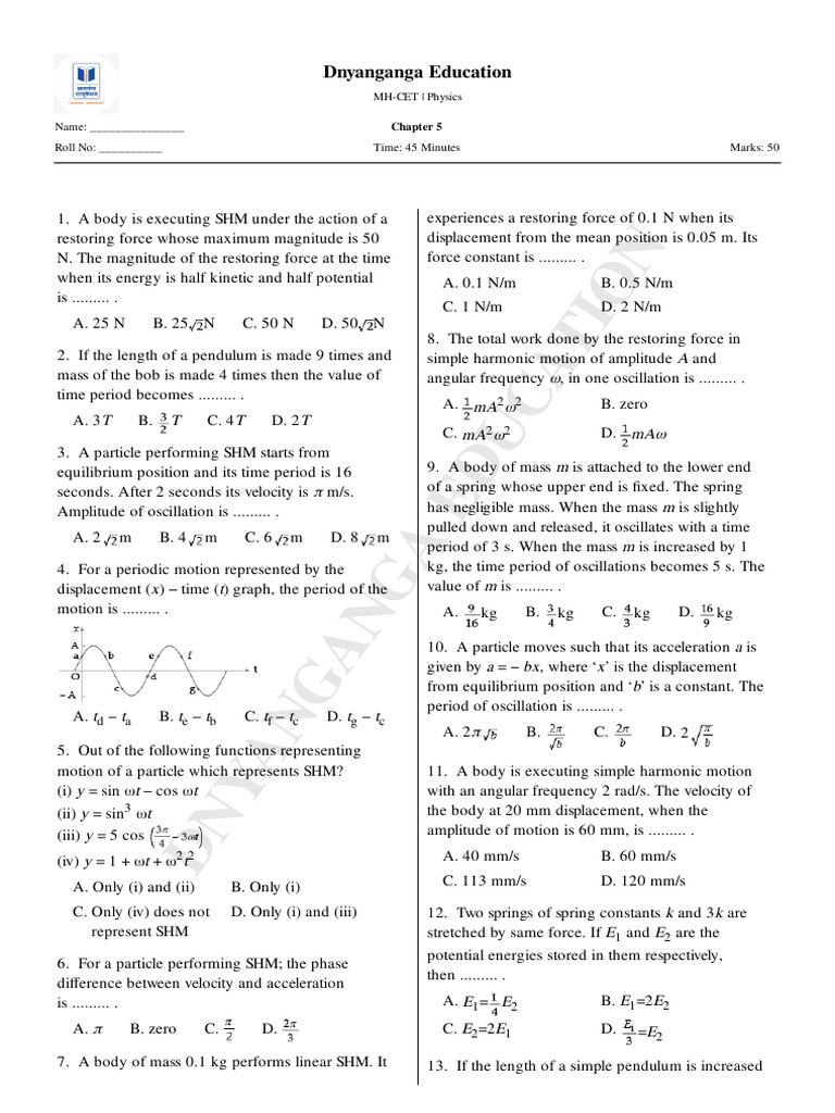 MH-CET Physics SHM Practice Questions | PDF | Oscillation | Physical ...