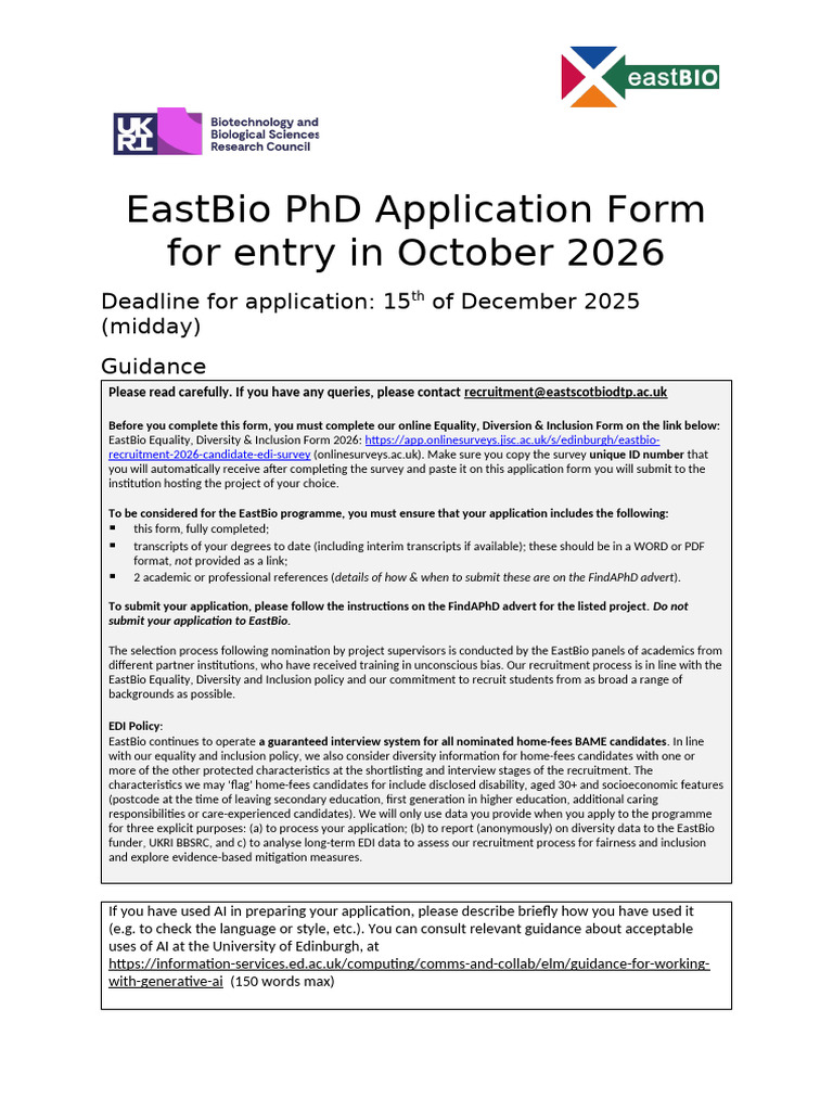 EastBio PhD Application Form 2026 | PDF