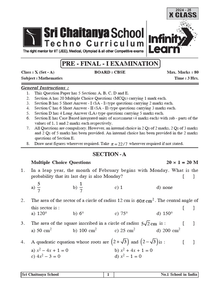 Cbse Math Pre Final - I (Set - A) Practice Question Paper | PDF | Area ...