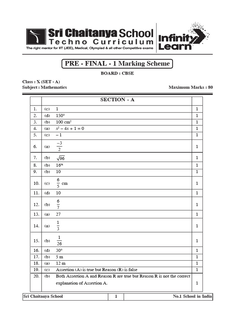 CBSE Class X Math Pre-Final Key | PDF | Mathematics | Euclidean Geometry