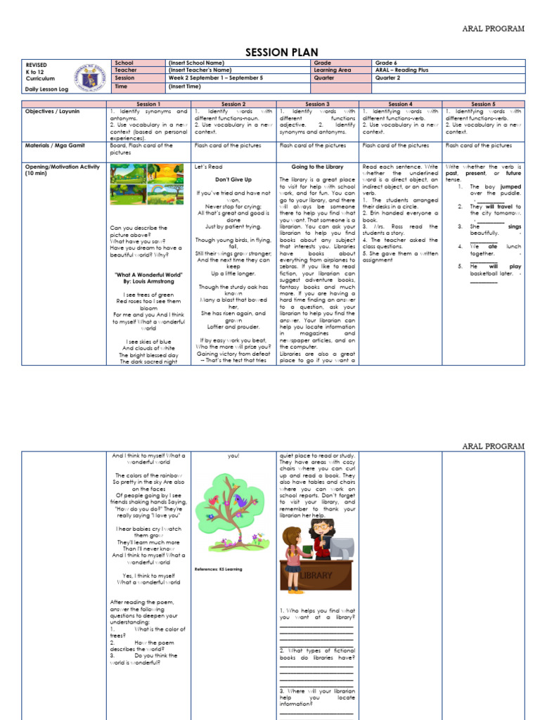 Grade 6 ARAL Reading Plus Lesson Plan | PDF | Verb | Subject (Grammar)