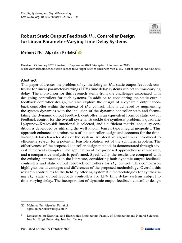 H∞ Controller Design for Time Delay Systems | PDF | Control Theory ...