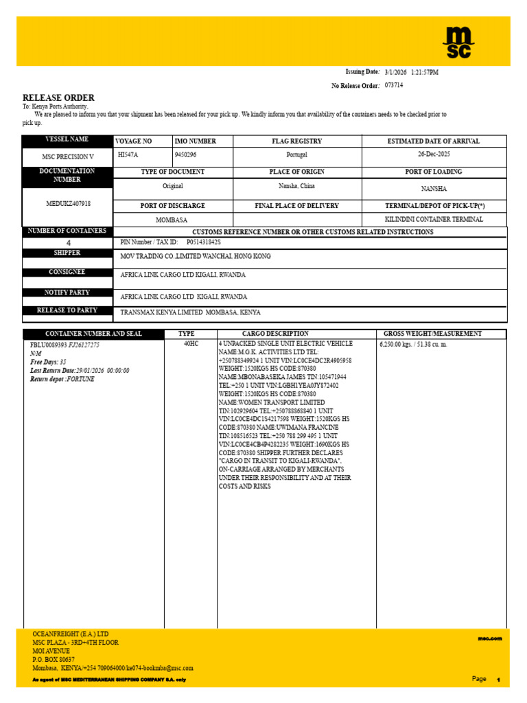 Shipment Release Order for Electric Vehicles | PDF | Cargo | Water ...