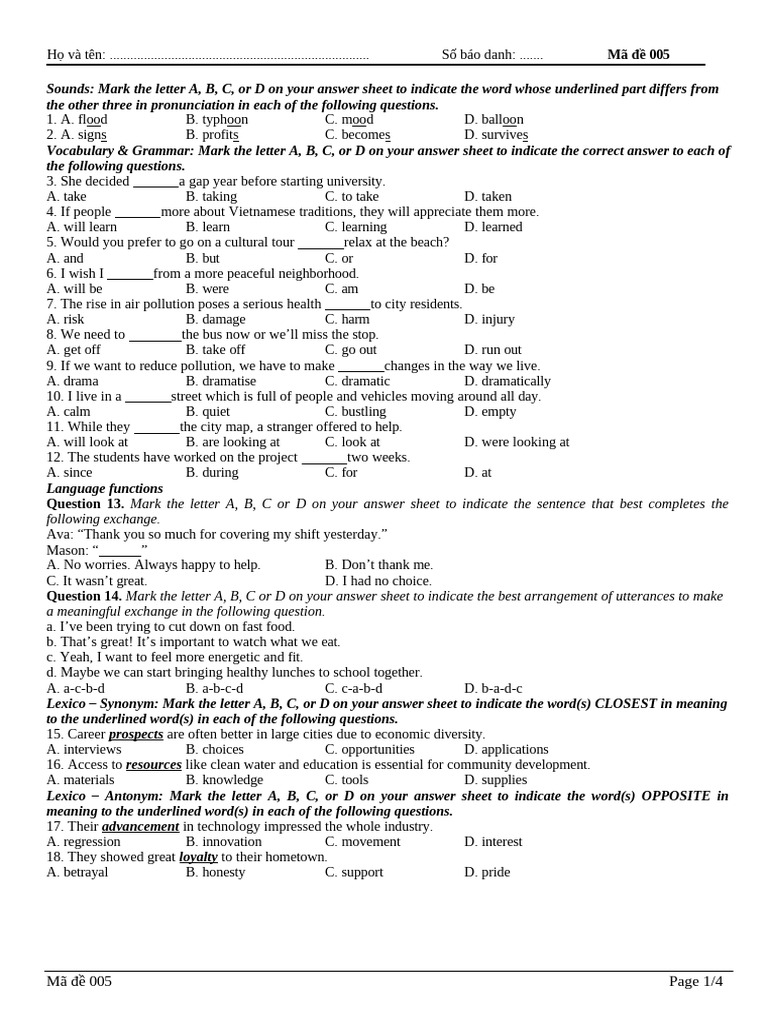 English Language Test - Mã Đề 005 | PDF | Dieting | Diet (Nutrition)