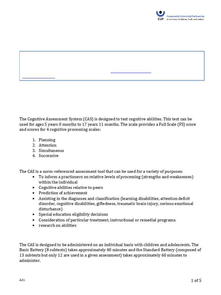 CAS Cognitive Assessment Overview | PDF | Validity (Statistics ...