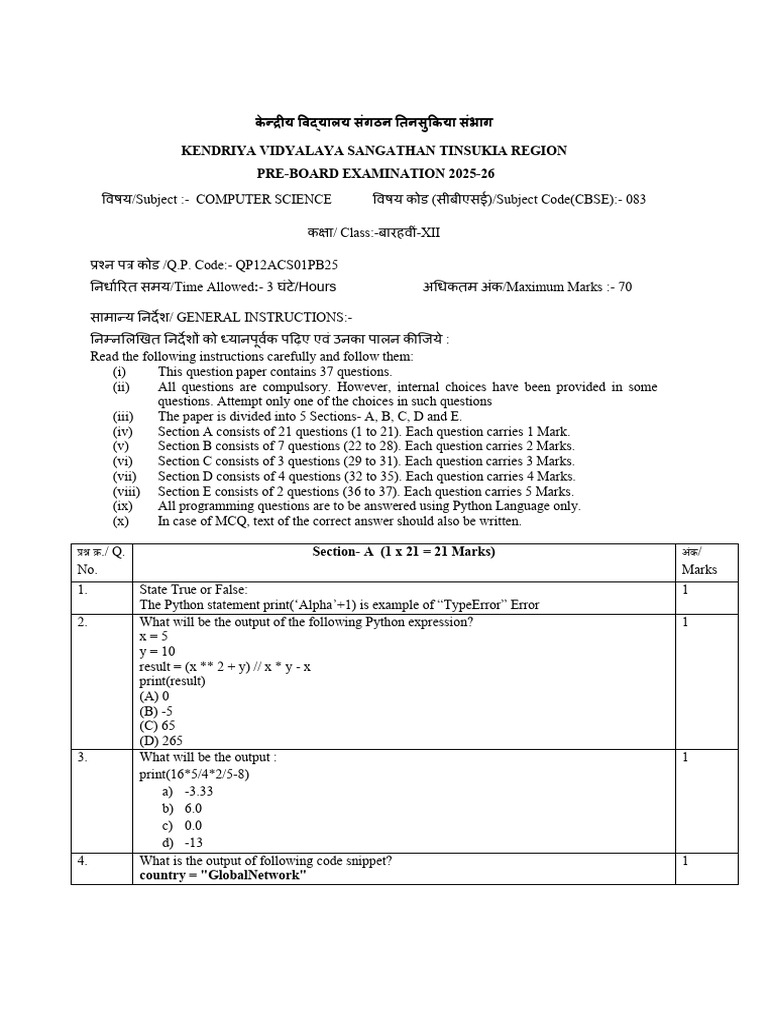 Computer Science Pre-Board Exam 2025-26 | PDF | Table (Database) | Sql