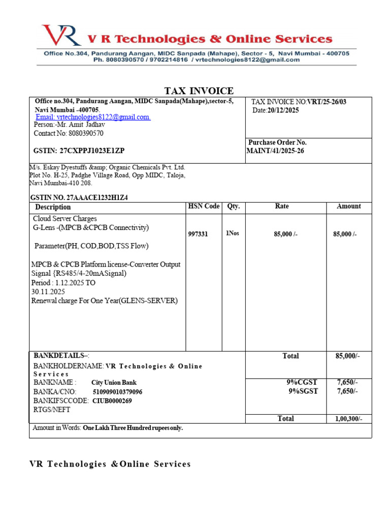 Tax Invoice for Cloud Server Services | PDF