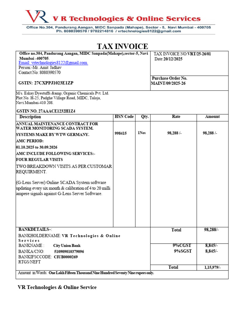 Eskay Dyestuff Repair Sensor TAX INVOICE (1) | PDF