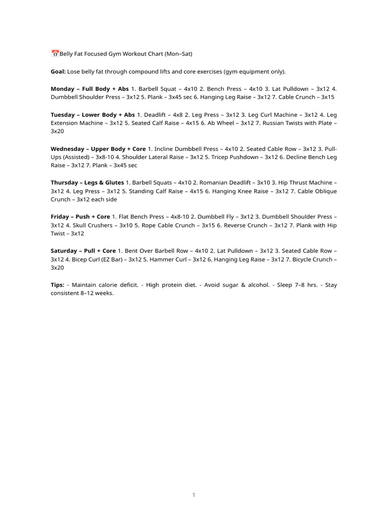 Belly Fat Gym Workout Plan: Mon-Sat | PDF