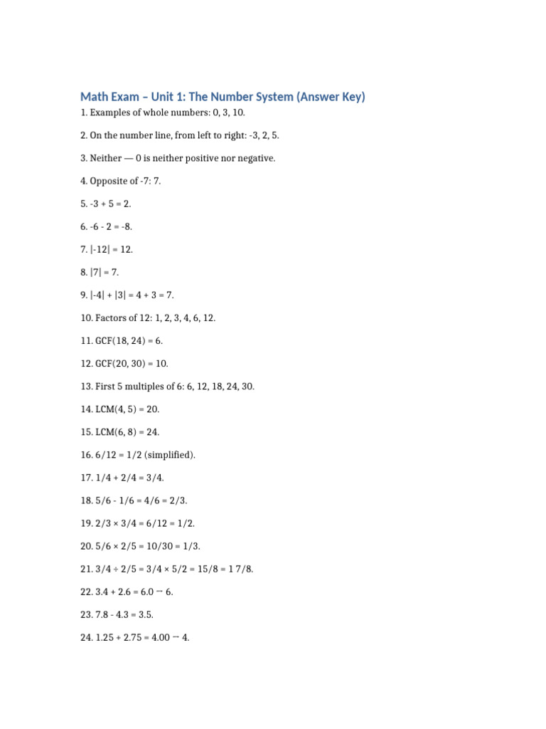 Math Exam Answer Key: Number System | PDF