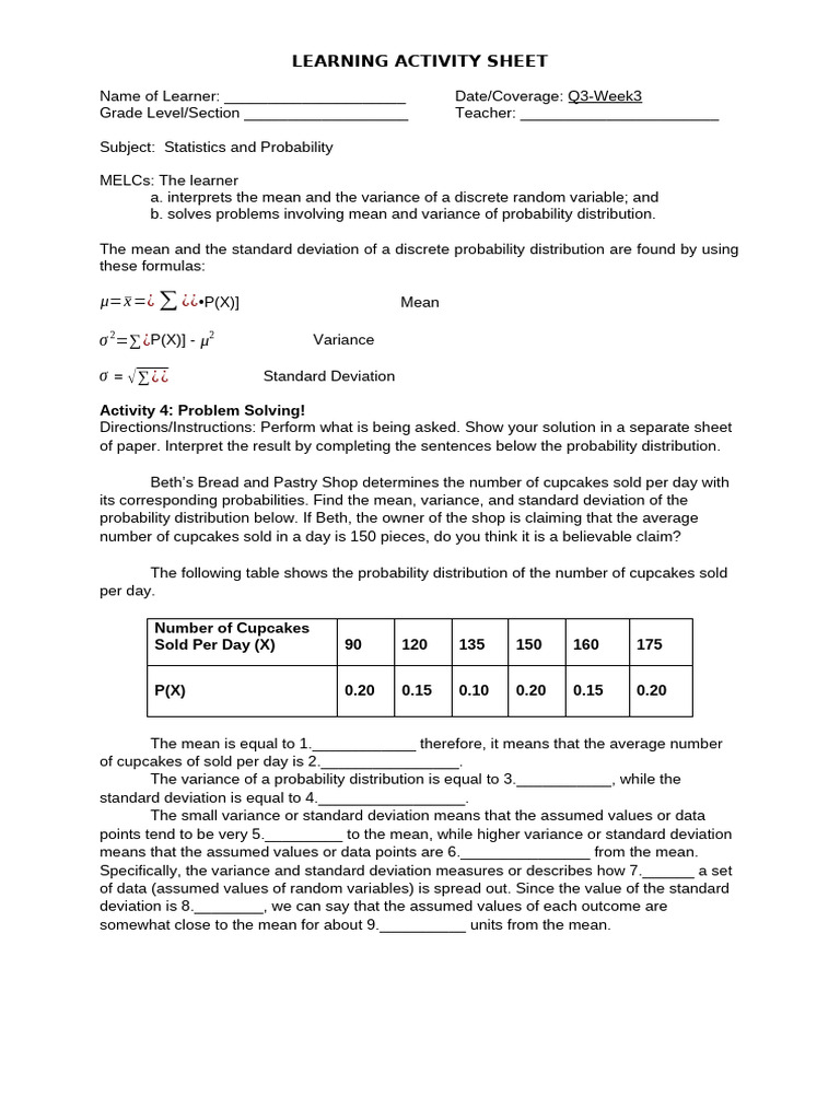 Mean and Variance in Probability Distribution | PDF