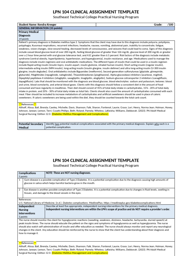 Diabetes Management Clinical Assignment | PDF | Hypertension | Stent