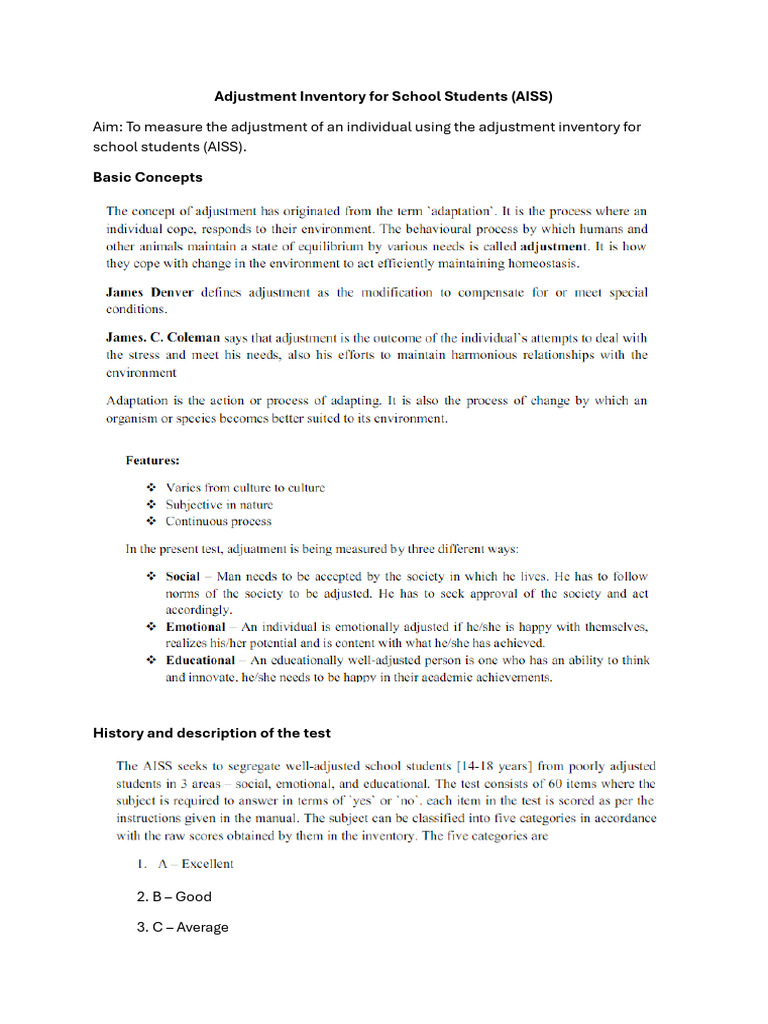 School Student Adjustment Inventory Guide | PDF