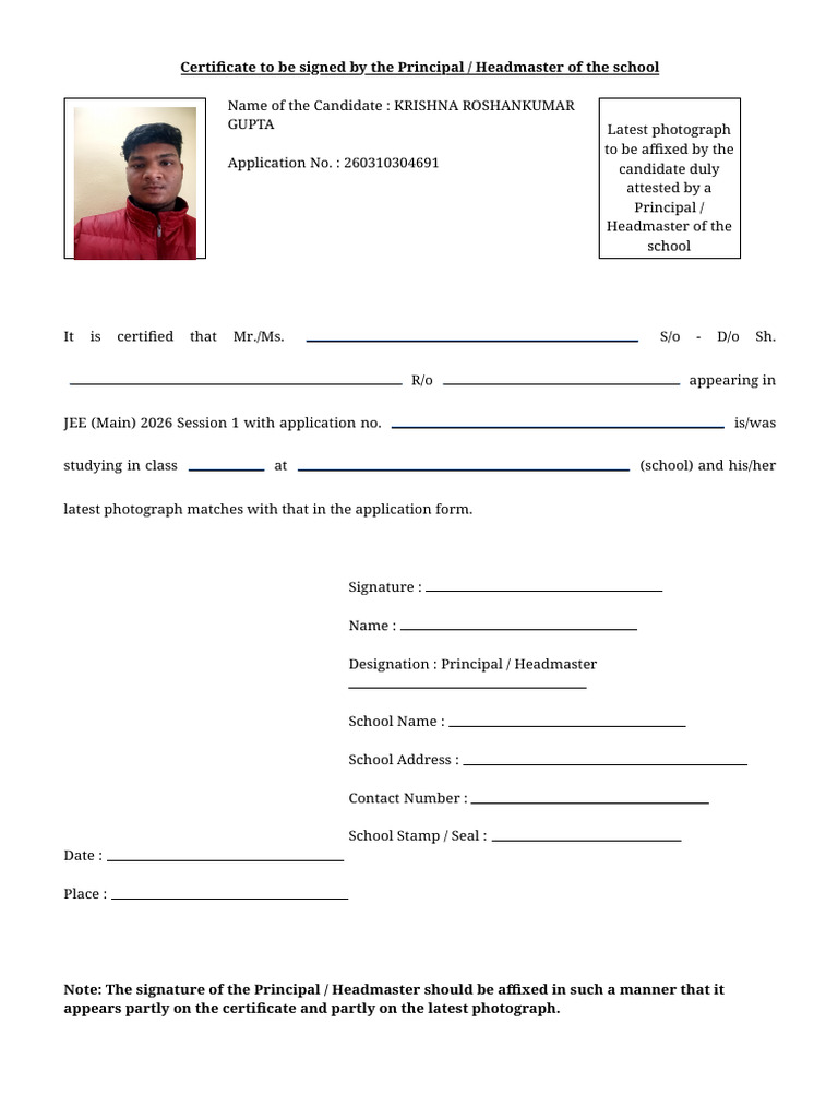 JEE 2026 Candidate Certification Form | PDF