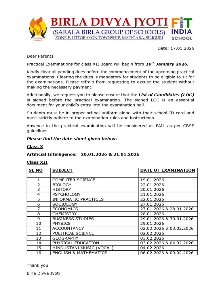 Class XII Practical Exam Schedule 2026 | PDF