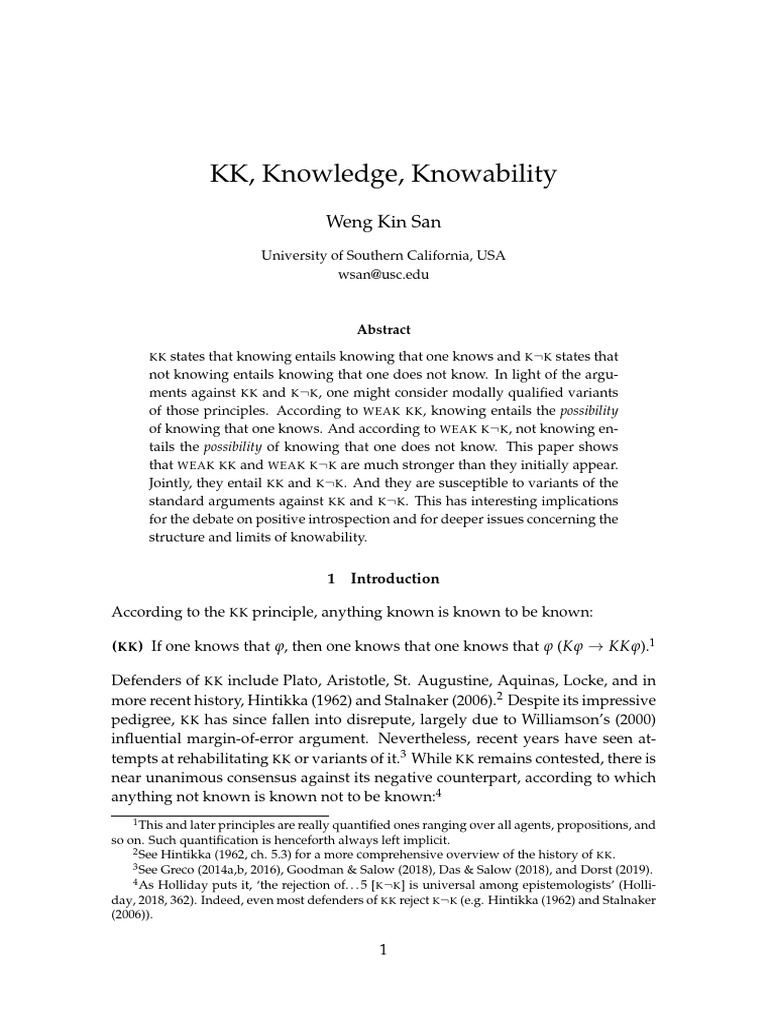 San, 2022 - KK, Knowledge, Knowability | PDF | Knowledge | Argument