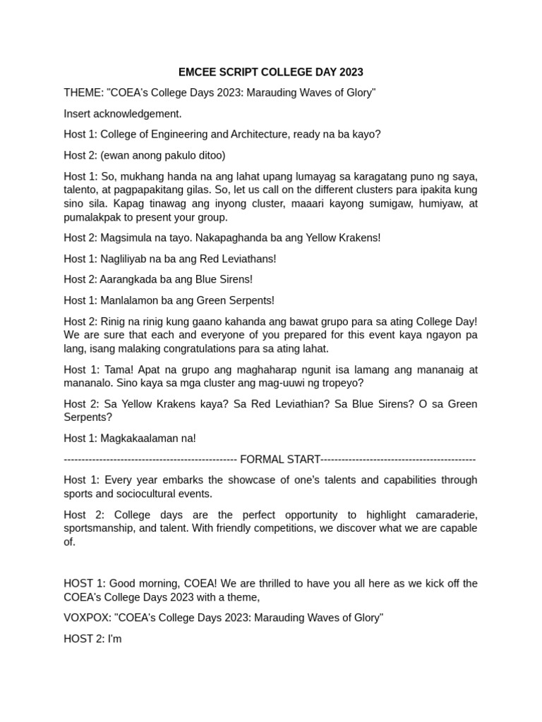 COEA College Days 2023 Emcee Script | PDF