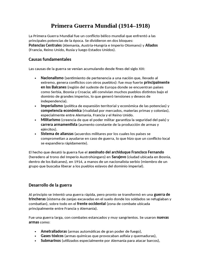 Causas y Consecuencias de la Primera Guerra Mundial | PDF | Primera ...