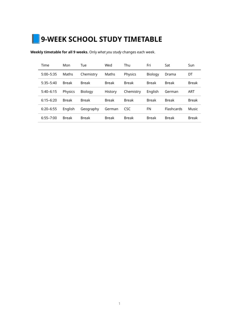 9-Week School Study Timetable | PDF