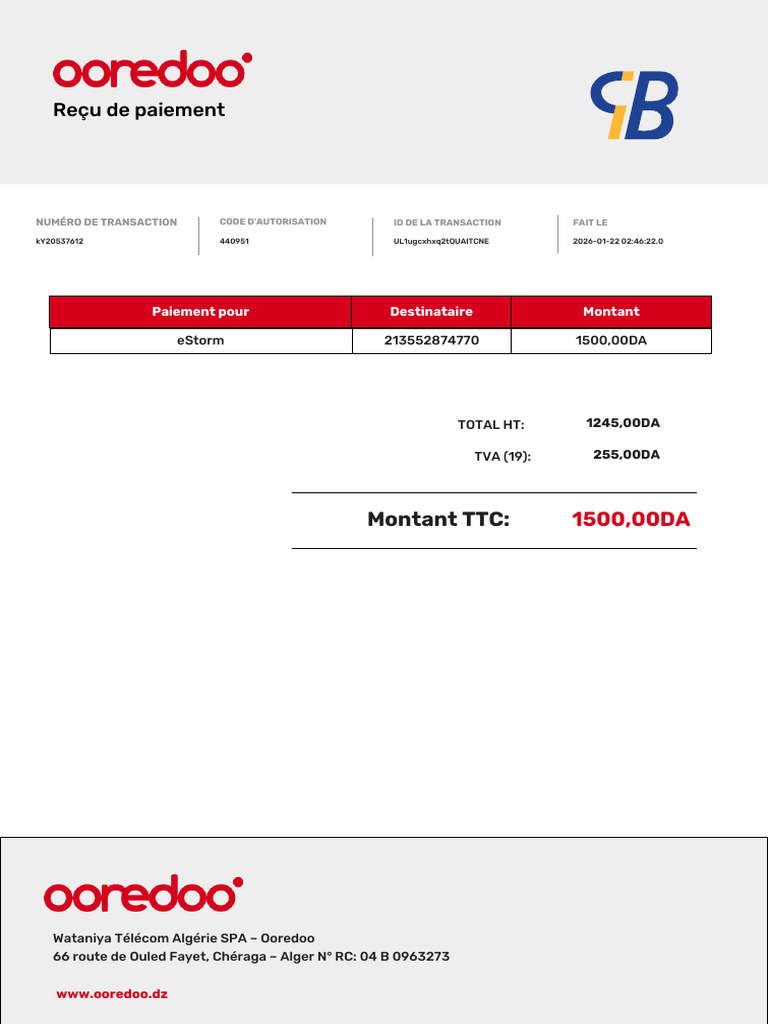 Reçu de paiement eStorm - 1500 DA | PDF