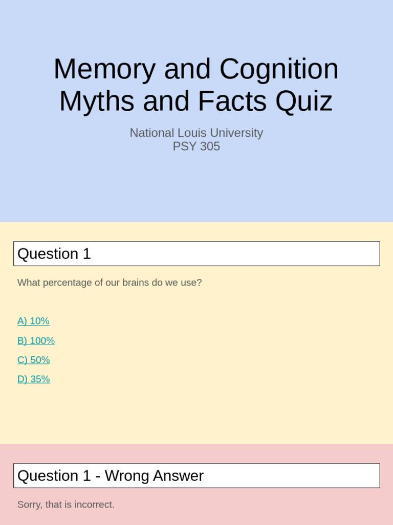 Brain Myths and Facts Quiz | PDF | Memory | Brain