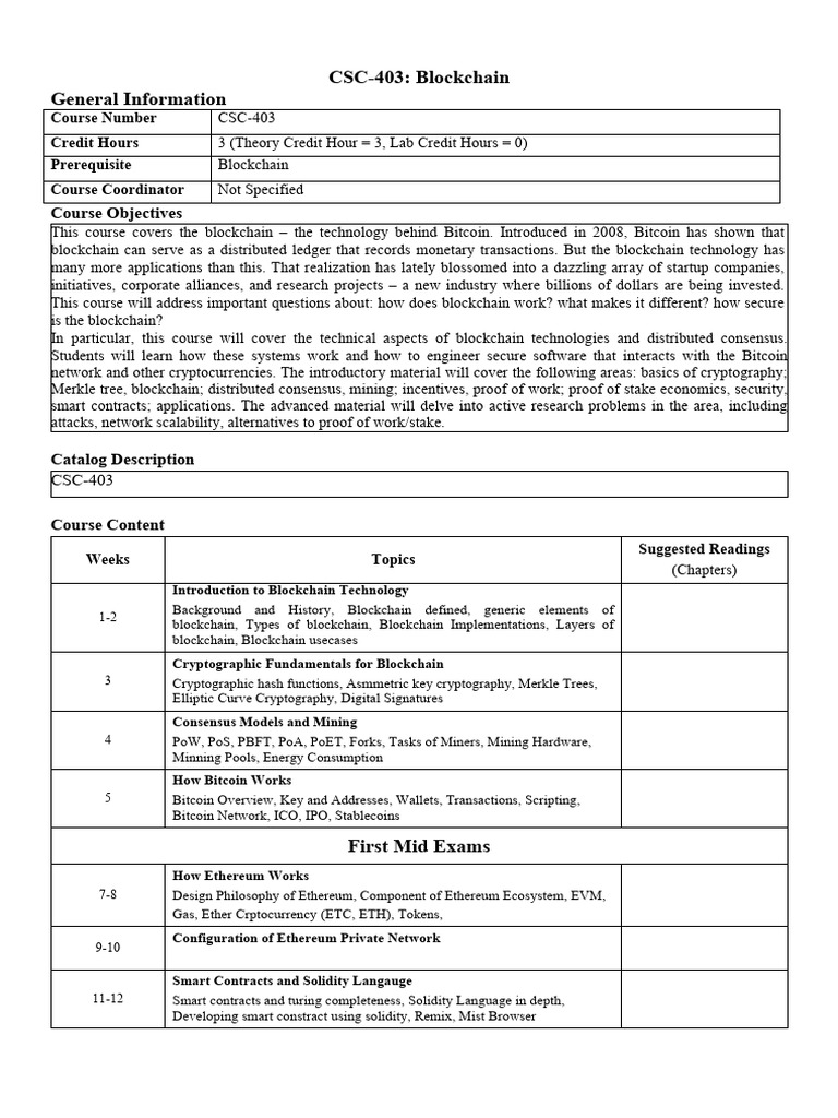 Blockchain Fall2022 BSVIII CourseOutline | PDF | Cryptography | Bitcoin