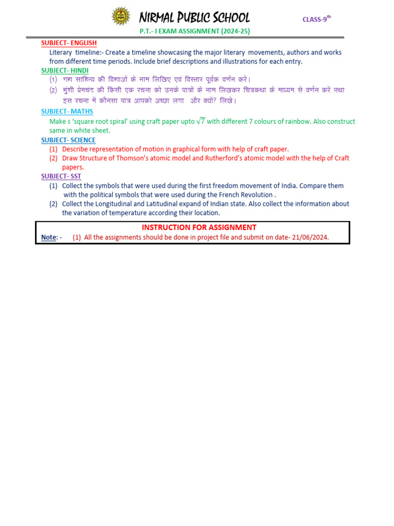 Class - 9th - p.t.- i - Exam Assignment (2024-25) | PDF
