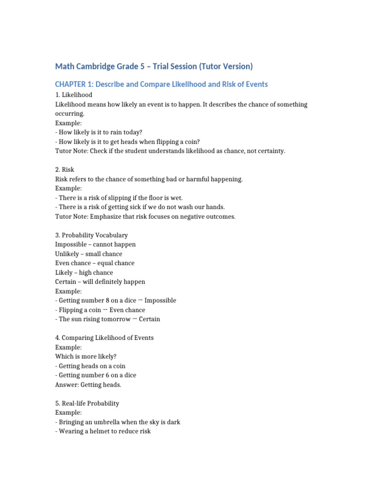 Grade 5 Math: Likelihood, Risk, and Arithmetic | PDF | Risk ...
