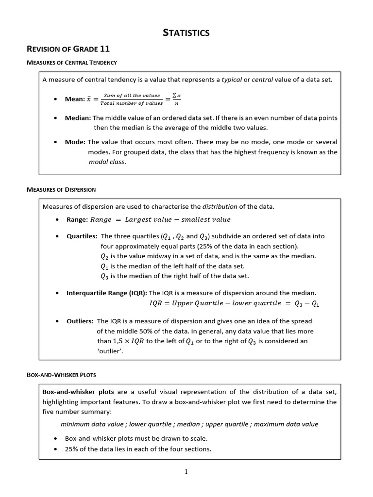 Grade 11 Statistics: Central Tendency & Dispersion | PDF | Quartile ...