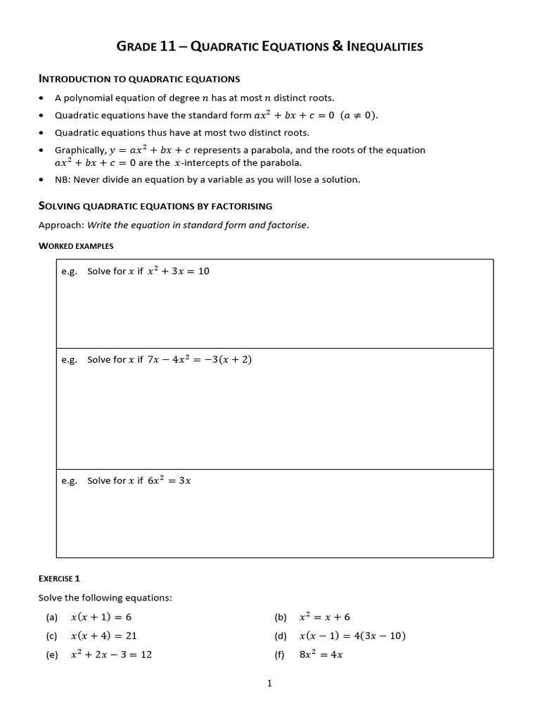 Grade 11 Quadratic Equations Guide | PDF | Equations | Quadratic Equation