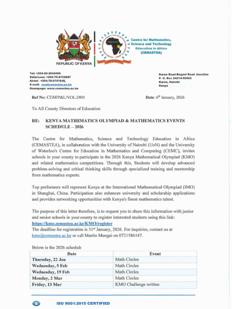 Kenya Mathematics Olympiad & Mathematics Events Schedule 2026 | PDF