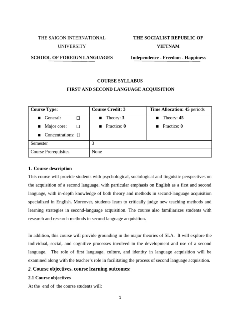 First and Second Language Acquisition Syllabus | PDF | Second Language ...