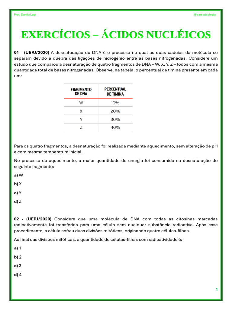 Exercícios sobre Ácidos Nucléicos e DNA | PDF | Replicação de DNA | DNA
