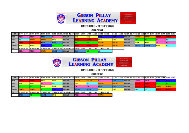 Grade 8 Term 1 Timetable 2026 | PDF